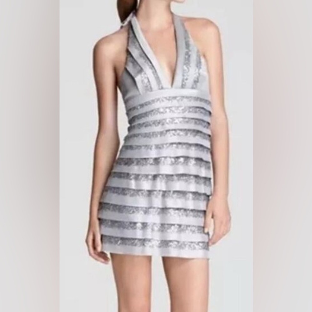 BCBGMaxAzria Silver Backless Halter Dress